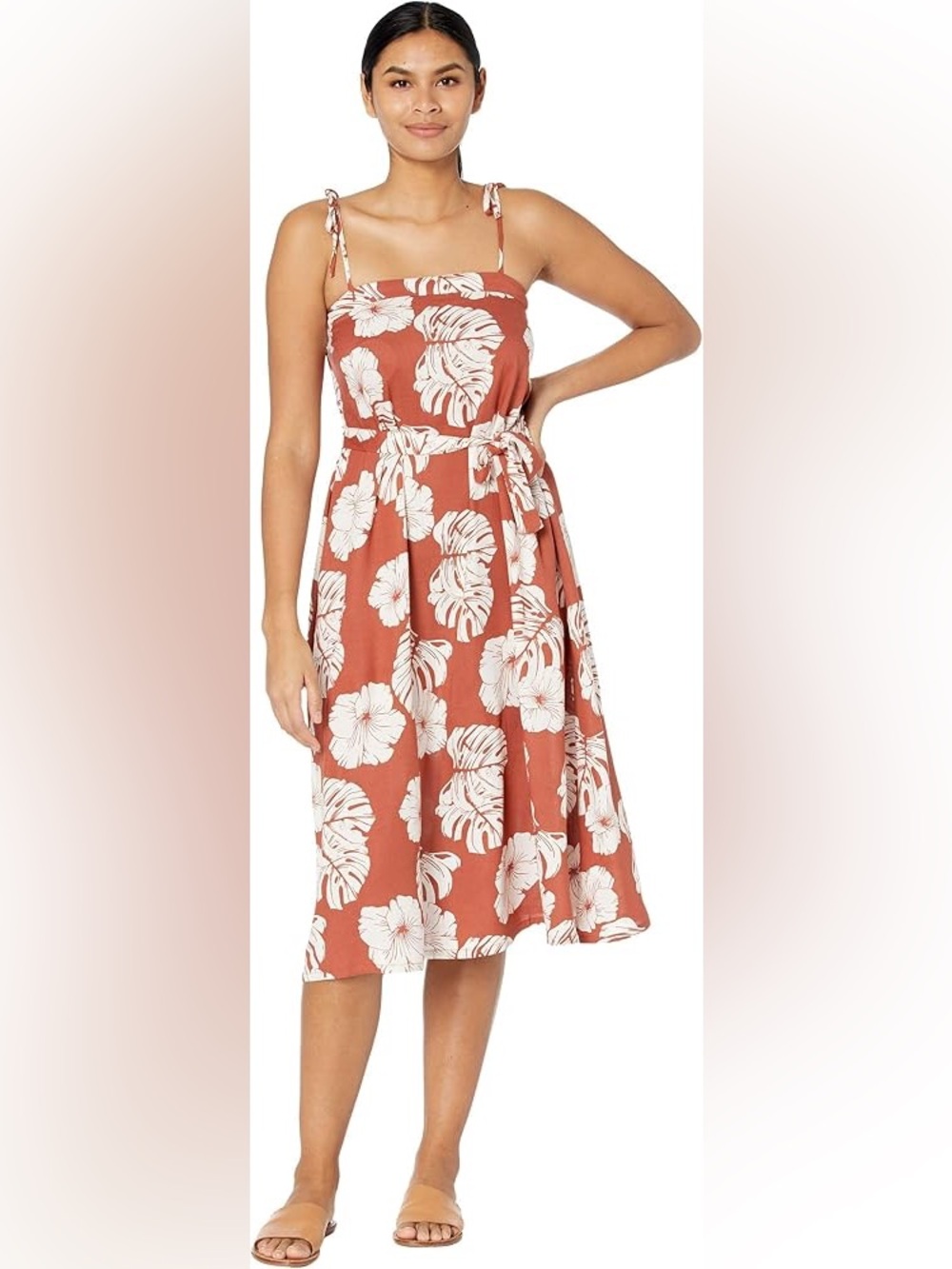 Roxy Rust Floral Tie-Back Midi Dress with White Hibiscus